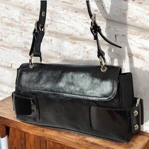 Franco Sarto black leather and patent leather bag with silver hardware